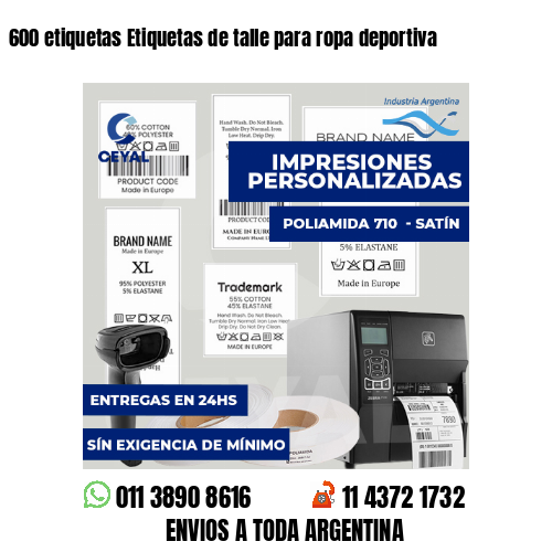 600 etiquetas Etiquetas de talle para ropa deportiva