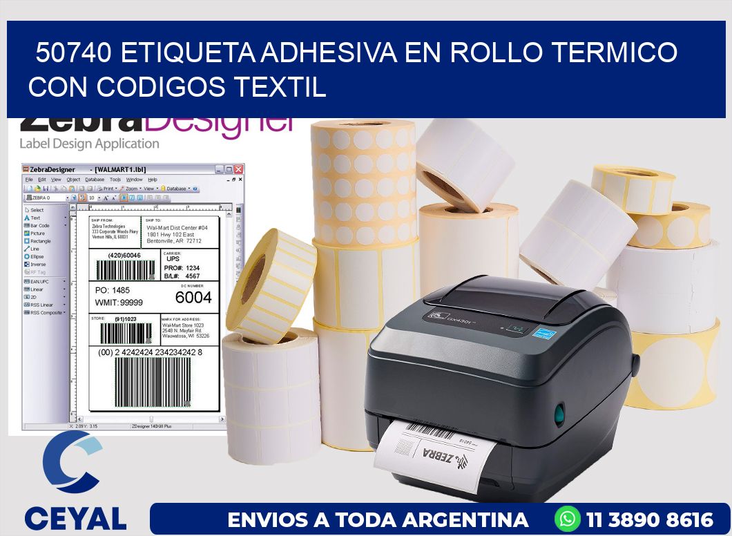 50740 ETIQUETA ADHESIVA EN ROLLO TERMICO CON CODIGOS TEXTIL