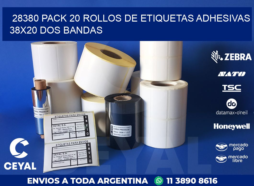 28380 PACK 20 ROLLOS DE ETIQUETAS ADHESIVAS 38X20 DOS BANDAS