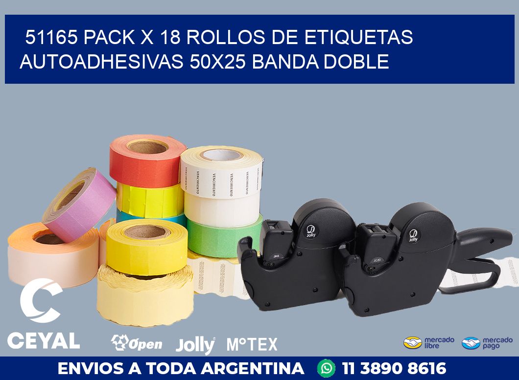 51165 PACK X 18 ROLLOS DE ETIQUETAS AUTOADHESIVAS 50X25 BANDA DOBLE