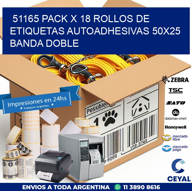51165 PACK X 18 ROLLOS DE ETIQUETAS AUTOADHESIVAS 50X25 BANDA DOBLE