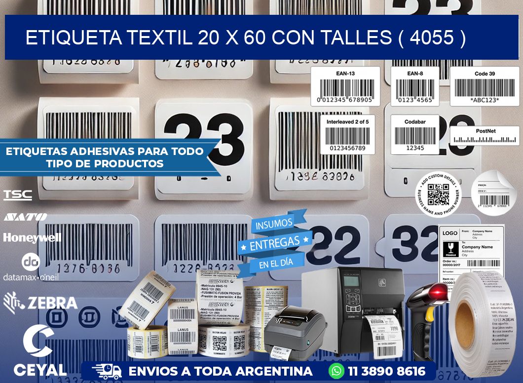 ETIQUETA TEXTIL 20 X 60 CON TALLES ( 4055 )