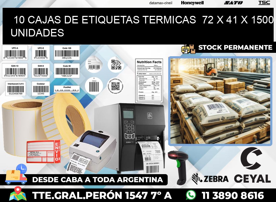 10 CAJAS DE ETIQUETAS TERMICAS  72 x 41 X 1500 UNIDADES