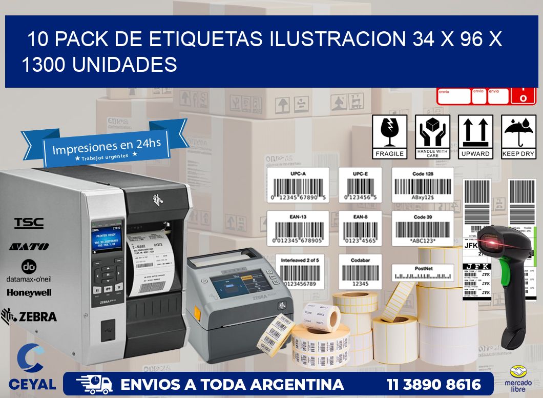 10 PACK DE ETIQUETAS ILUSTRACION 34 x 96 X 1300 UNIDADES