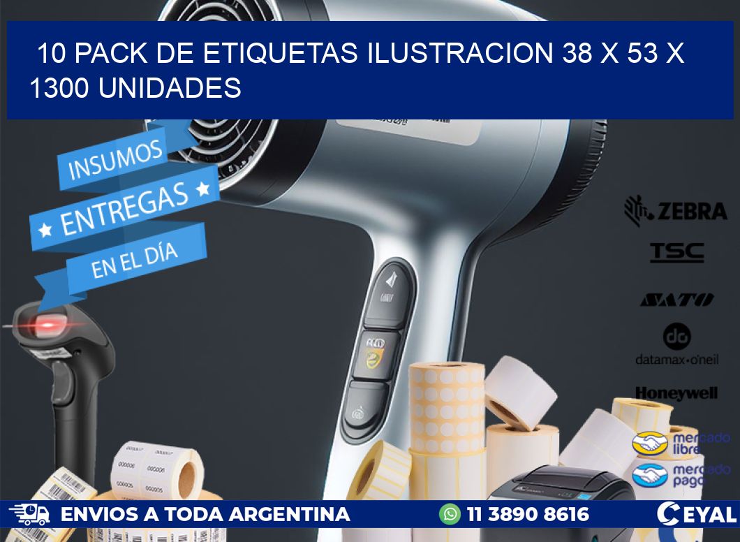 10 PACK DE ETIQUETAS ILUSTRACION 38 x 53 X 1300 UNIDADES