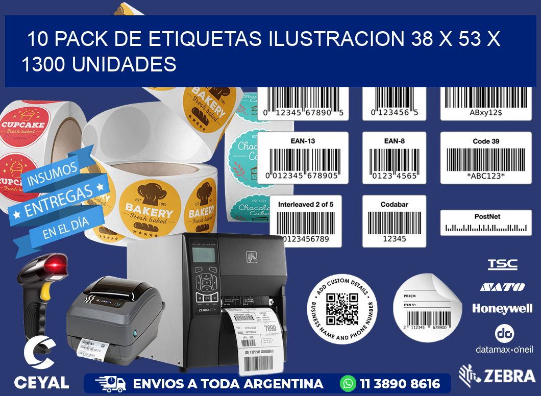 10 PACK DE ETIQUETAS ILUSTRACION 38 x 53 X 1300 UNIDADES