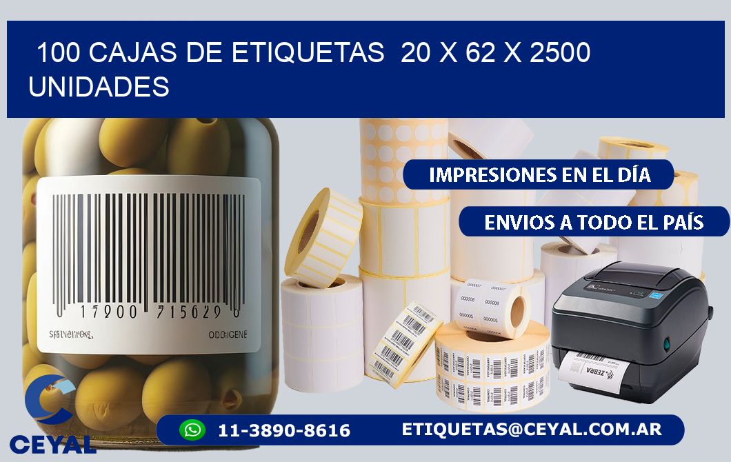 100 CAJAS DE ETIQUETAS  20 x 62 X 2500 UNIDADES