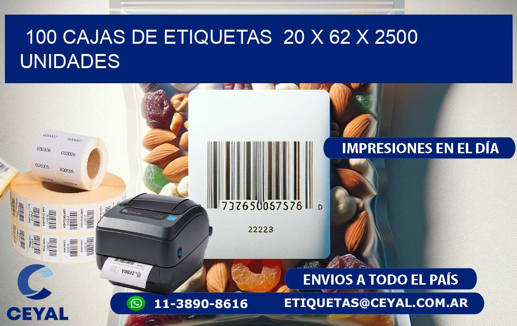 100 CAJAS DE ETIQUETAS  20 x 62 X 2500 UNIDADES