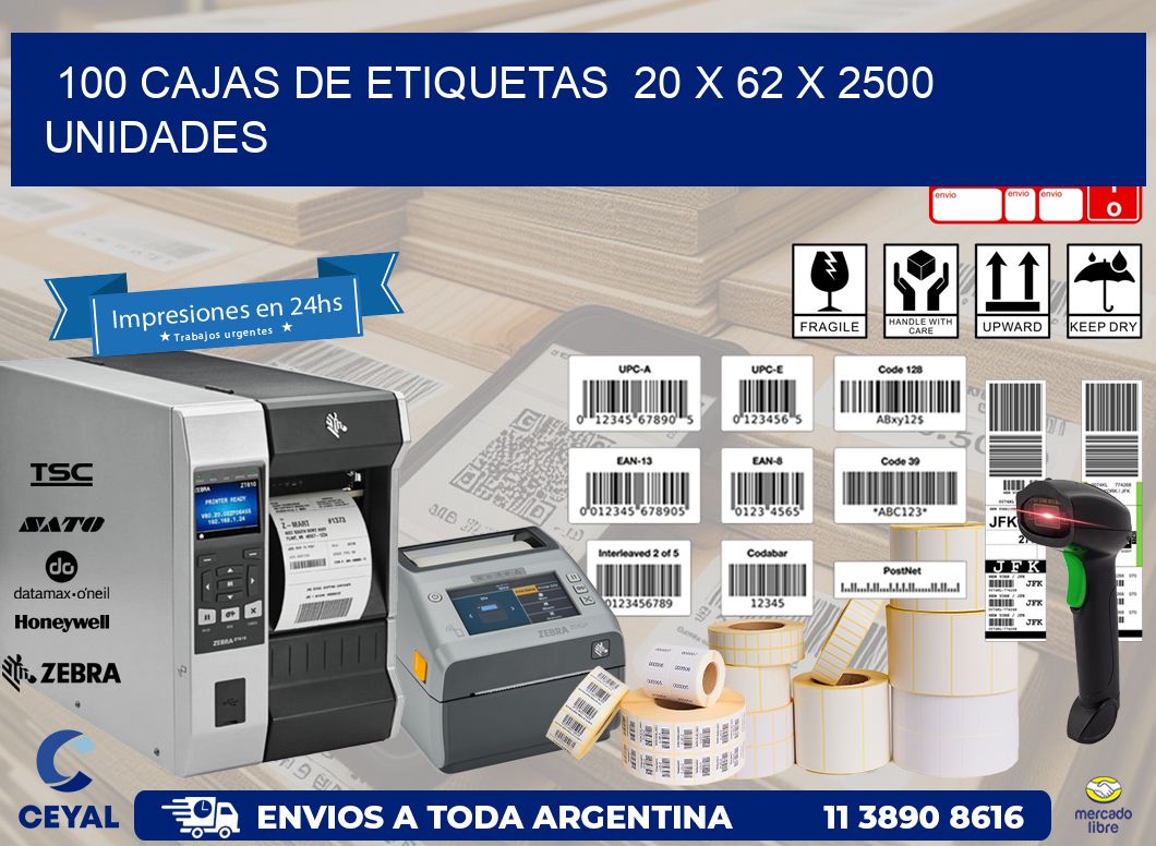 100 CAJAS DE ETIQUETAS  20 x 62 X 2500 UNIDADES