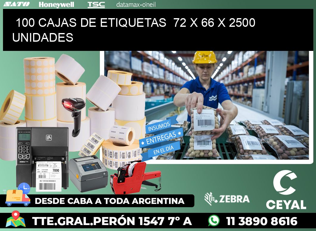 100 CAJAS DE ETIQUETAS  72 x 66 X 2500 UNIDADES