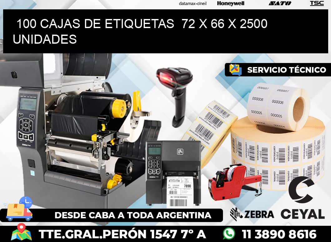 100 CAJAS DE ETIQUETAS  72 x 66 X 2500 UNIDADES