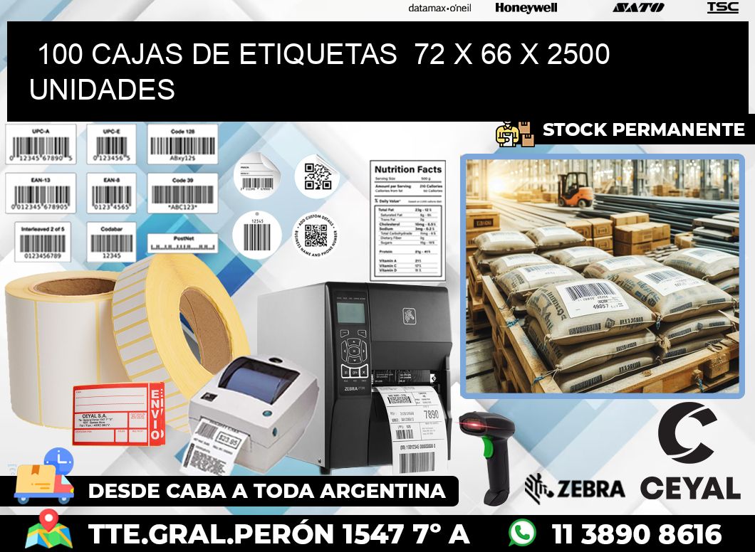 100 CAJAS DE ETIQUETAS  72 x 66 X 2500 UNIDADES