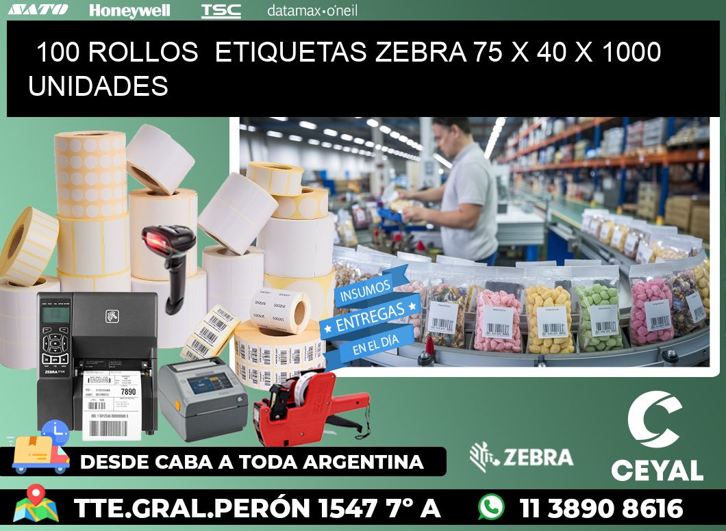 100 ROLLOS  ETIQUETAS ZEBRA 75 x 40 X 1000 UNIDADES