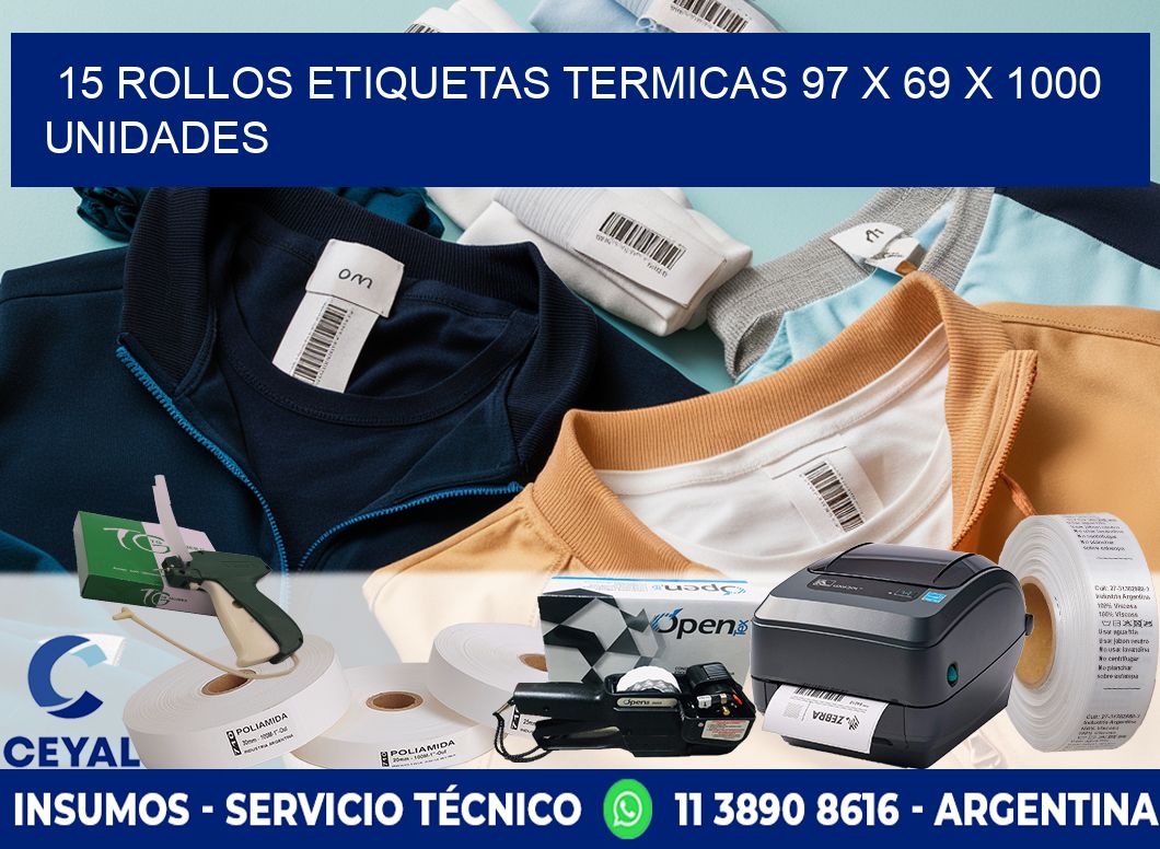 15 ROLLOS ETIQUETAS TERMICAS 97 x 69 X 1000 UNIDADES