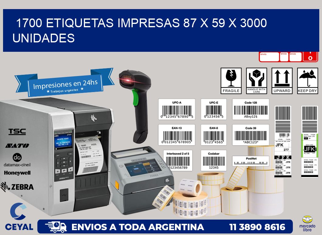 1700 ETIQUETAS IMPRESAS 87 x 59 X 3000 UNIDADES