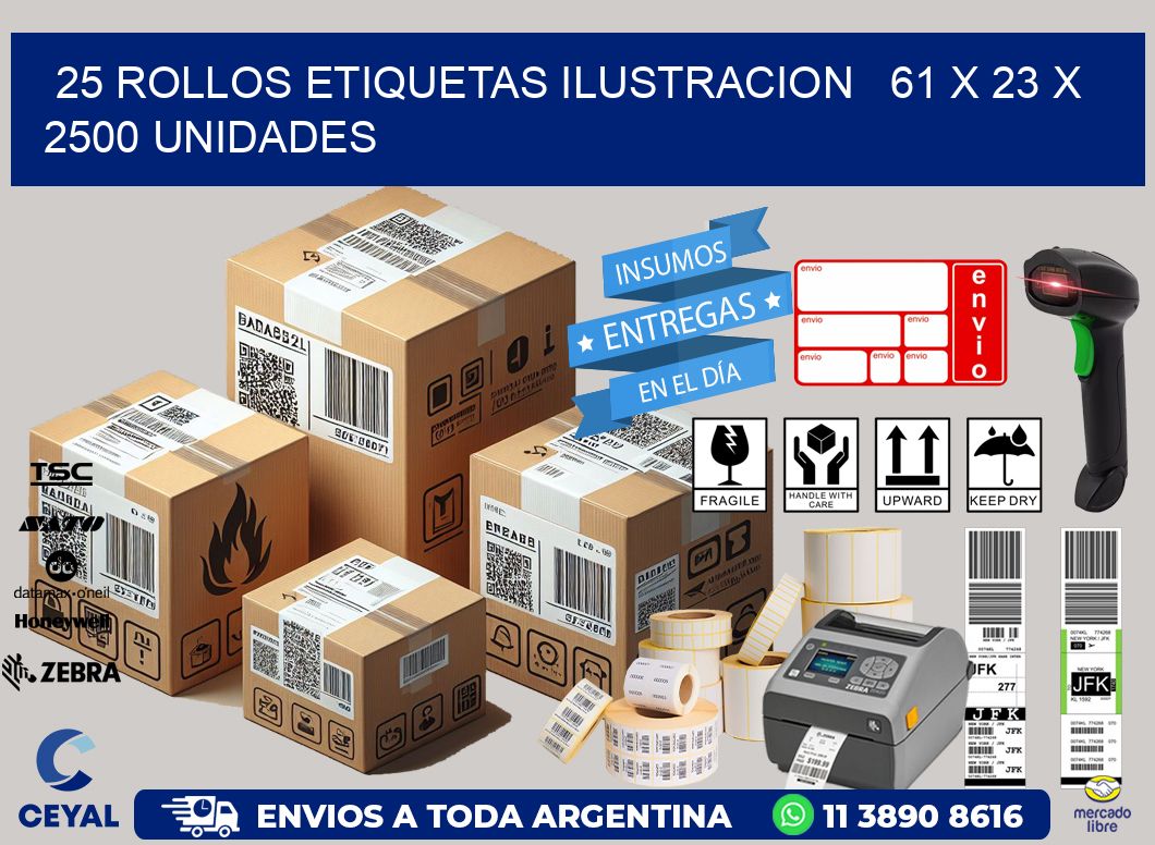 25 ROLLOS ETIQUETAS ILUSTRACION   61 x 23 X 2500 UNIDADES