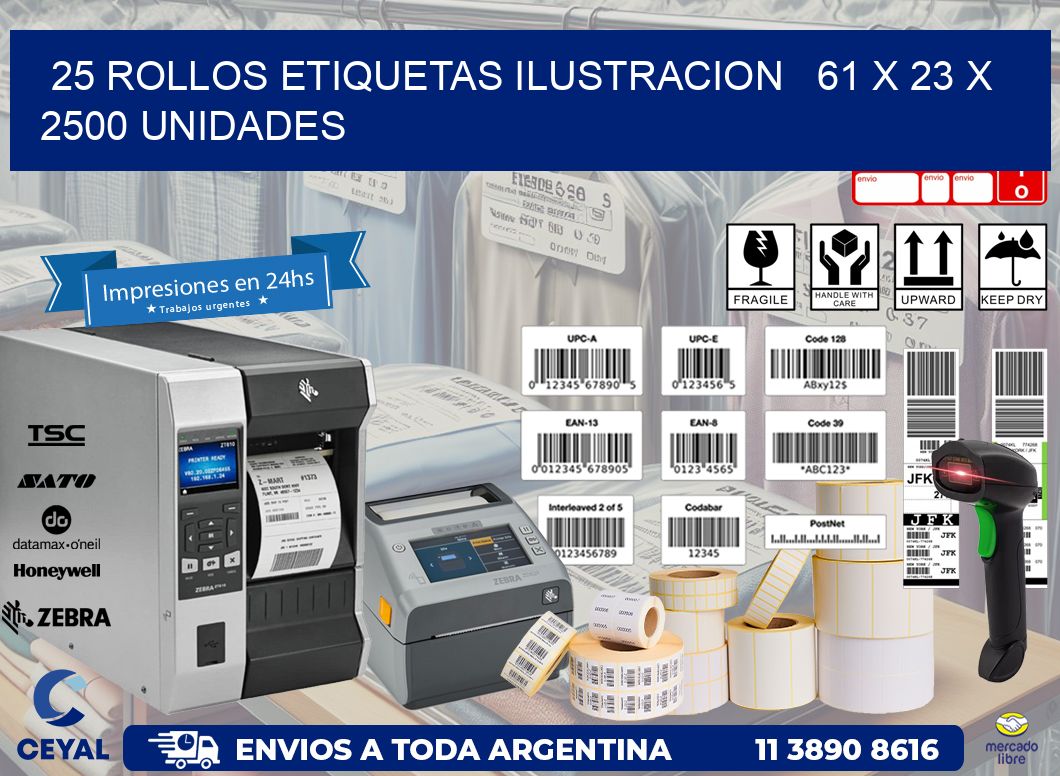 25 ROLLOS ETIQUETAS ILUSTRACION   61 x 23 X 2500 UNIDADES