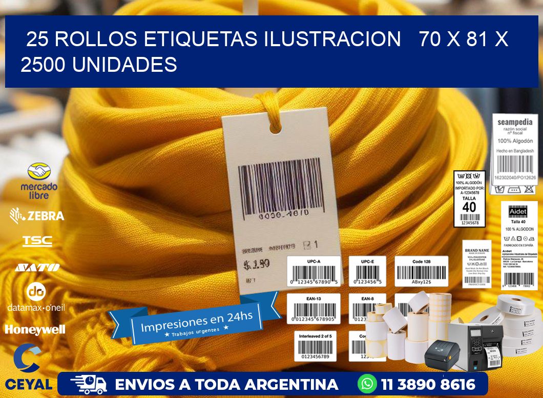 25 ROLLOS ETIQUETAS ILUSTRACION   70 x 81 X 2500 UNIDADES