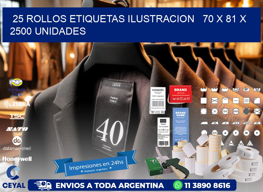 25 ROLLOS ETIQUETAS ILUSTRACION   70 x 81 X 2500 UNIDADES