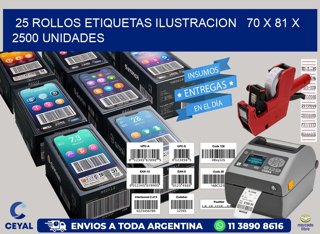 25 ROLLOS ETIQUETAS ILUSTRACION   70 x 81 X 2500 UNIDADES