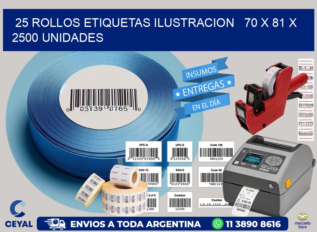 25 ROLLOS ETIQUETAS ILUSTRACION   70 x 81 X 2500 UNIDADES