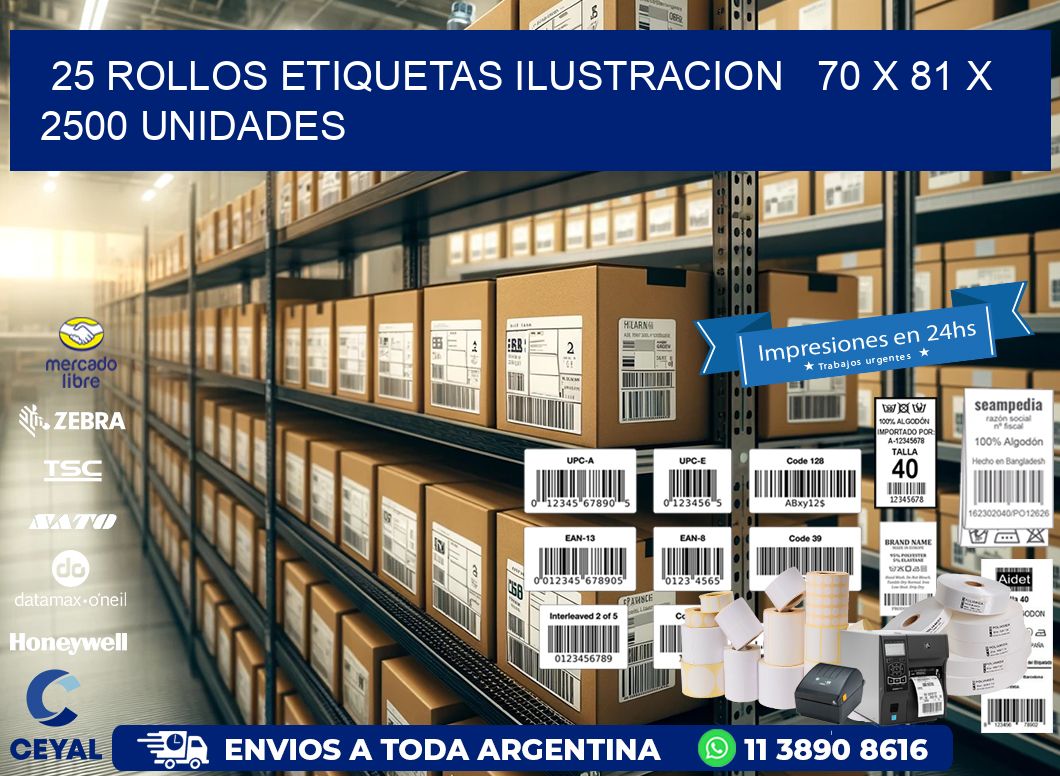 25 ROLLOS ETIQUETAS ILUSTRACION   70 x 81 X 2500 UNIDADES