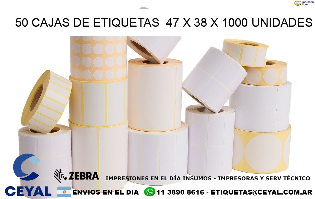 50 CAJAS DE ETIQUETAS  47 x 38 X 1000 UNIDADES