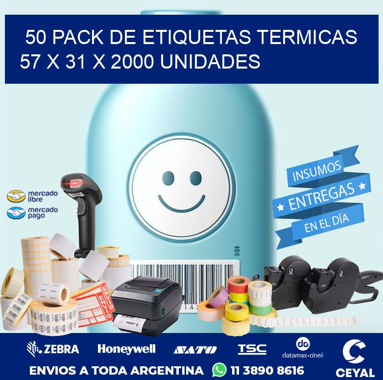 50 PACK DE ETIQUETAS TERMICAS   57 x 31 X 2000 UNIDADES