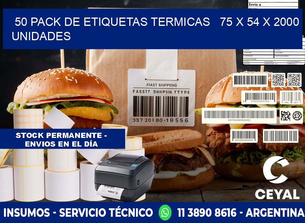 50 PACK DE ETIQUETAS TERMICAS   75 x 54 X 2000 UNIDADES