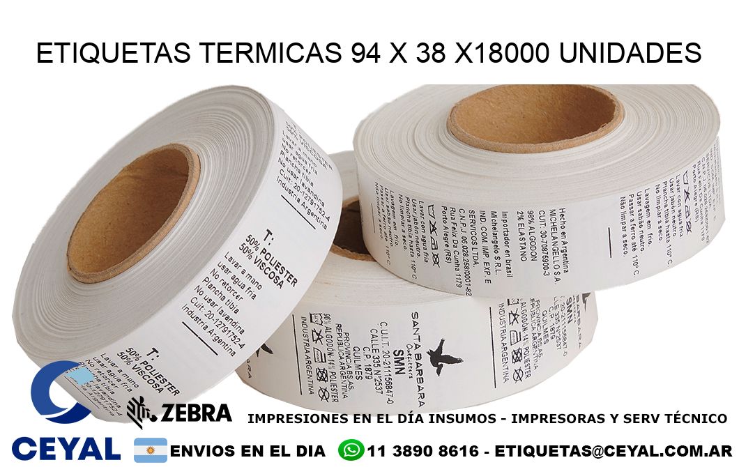 ETIQUETAS TERMICAS 94 x 38 x18000 UNIDADES