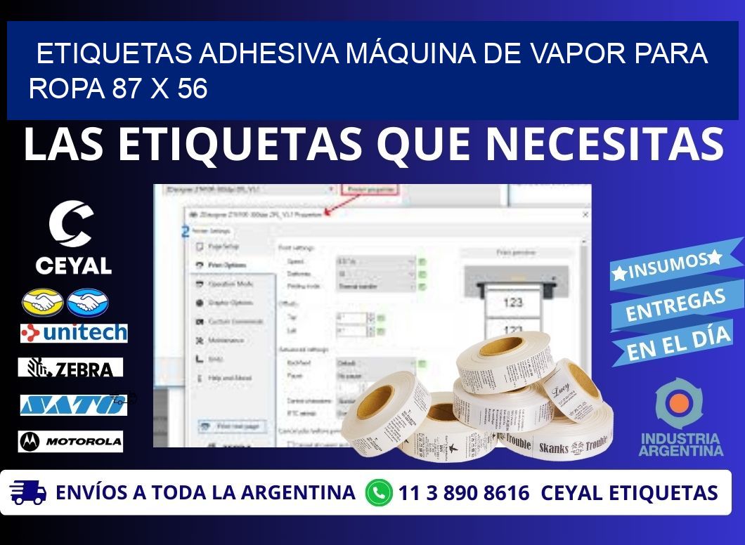ETIQUETAS ADHESIVA MÁQUINA DE VAPOR PARA ROPA 87 x 56
