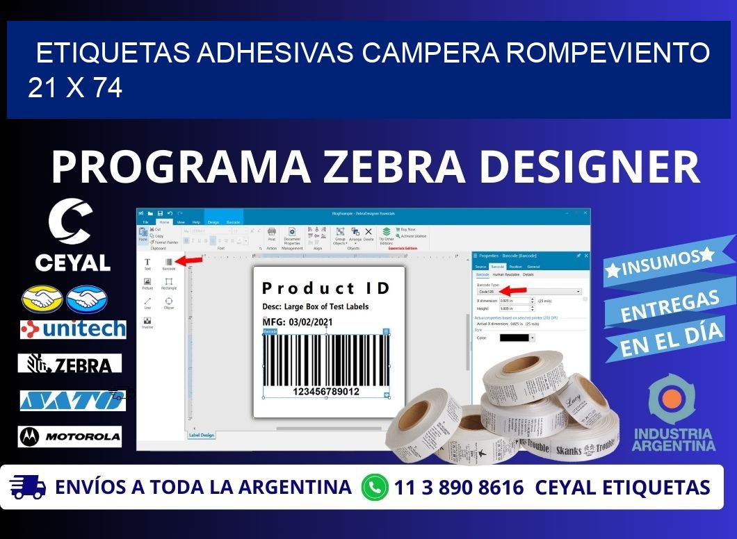 ETIQUETAS ADHESIVAS CAMPERA ROMPEVIENTO 21 x 74