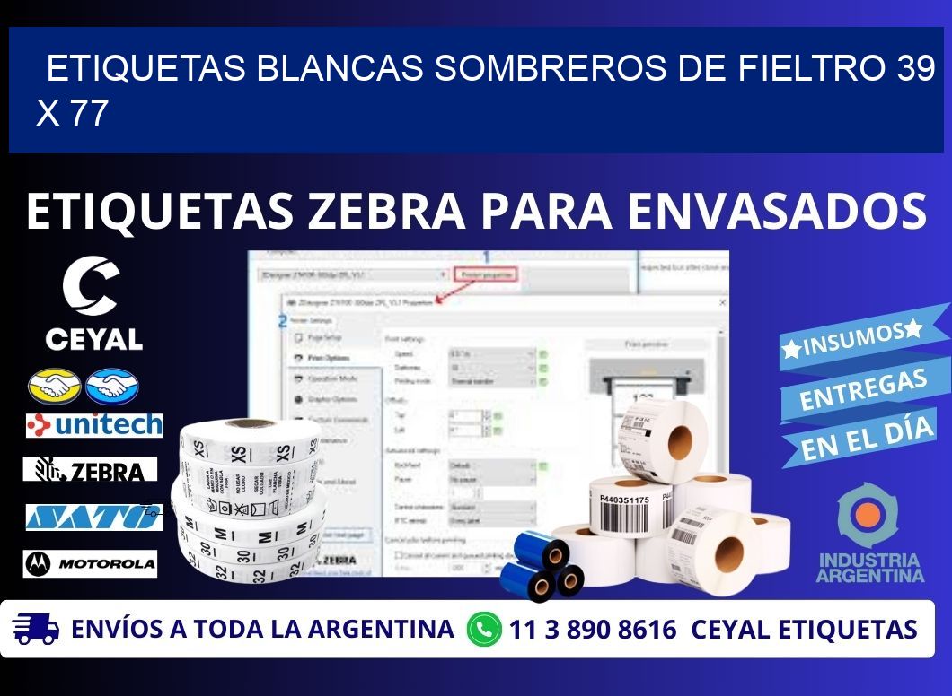 ETIQUETAS BLANCAS SOMBREROS DE FIELTRO 39 x 77