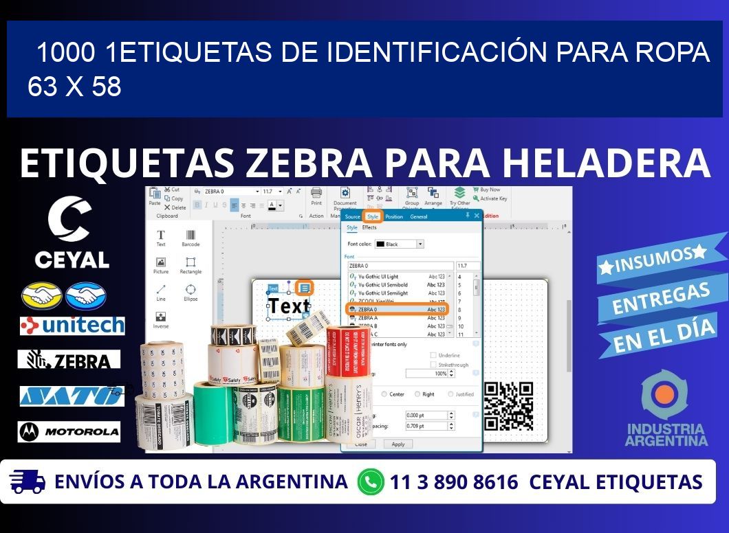 1000 1ETIQUETAS DE IDENTIFICACIÓN PARA ROPA 63 x 58