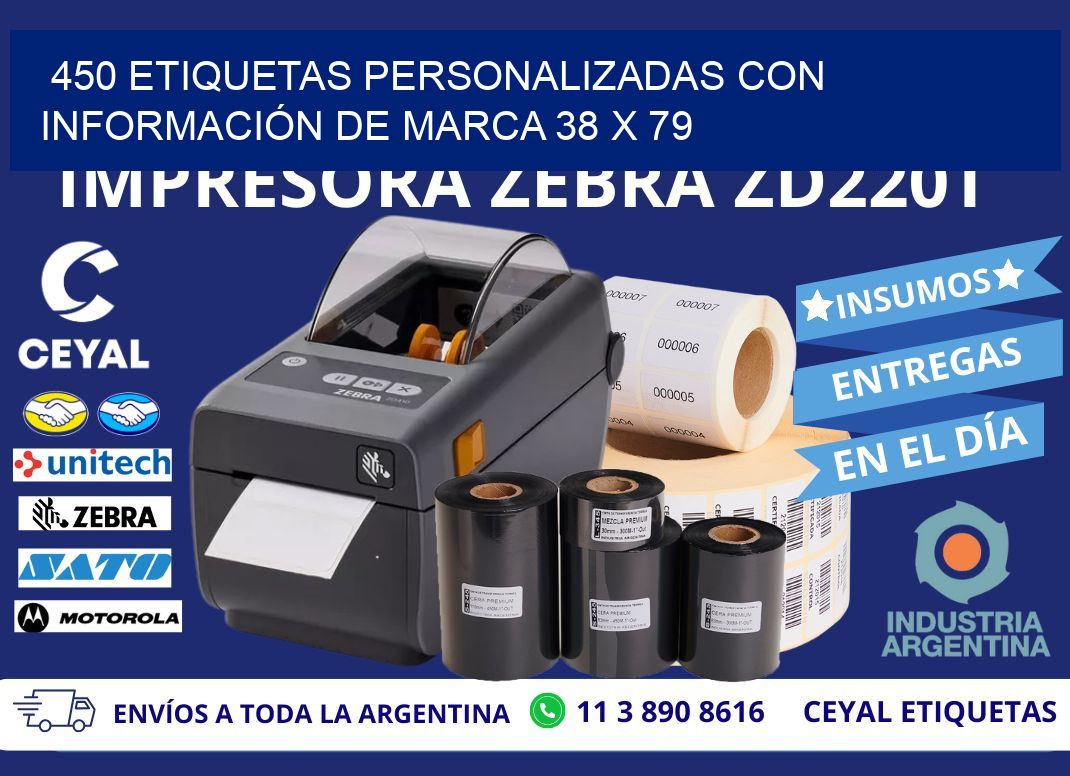450 ETIQUETAS PERSONALIZADAS CON INFORMACIÓN DE MARCA 38 x 79