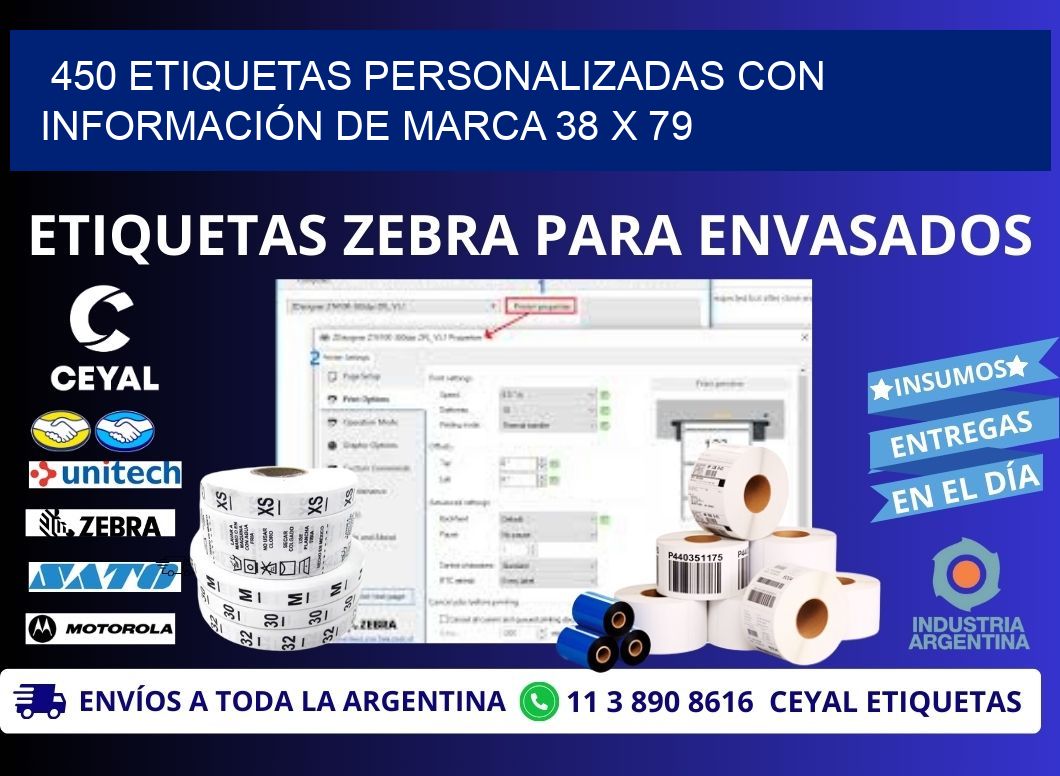 450 ETIQUETAS PERSONALIZADAS CON INFORMACIÓN DE MARCA 38 x 79
