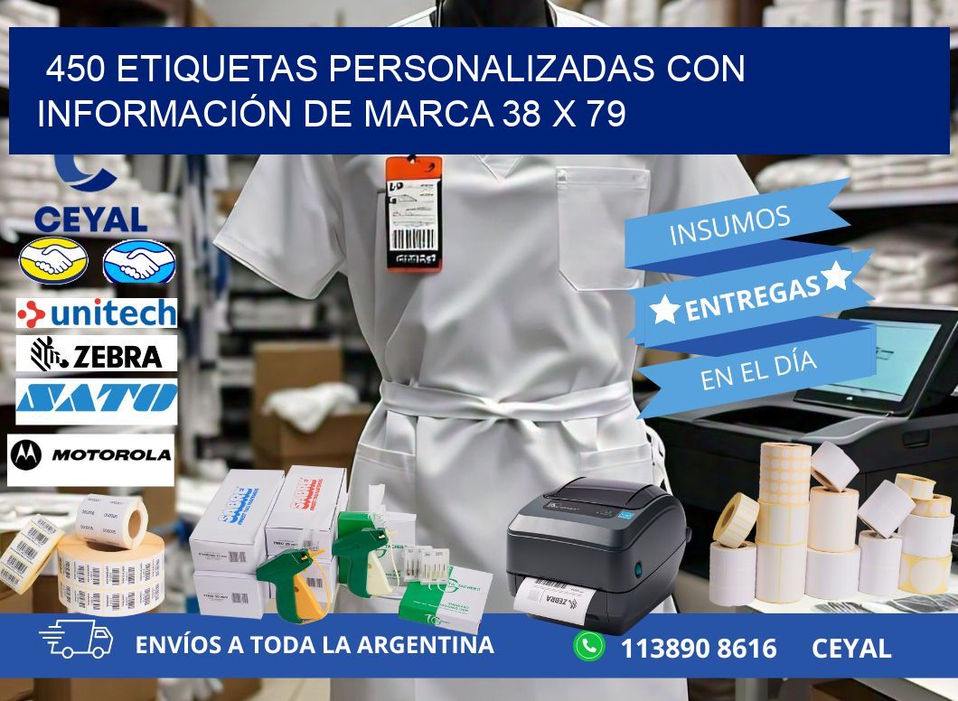 450 ETIQUETAS PERSONALIZADAS CON INFORMACIÓN DE MARCA 38 x 79