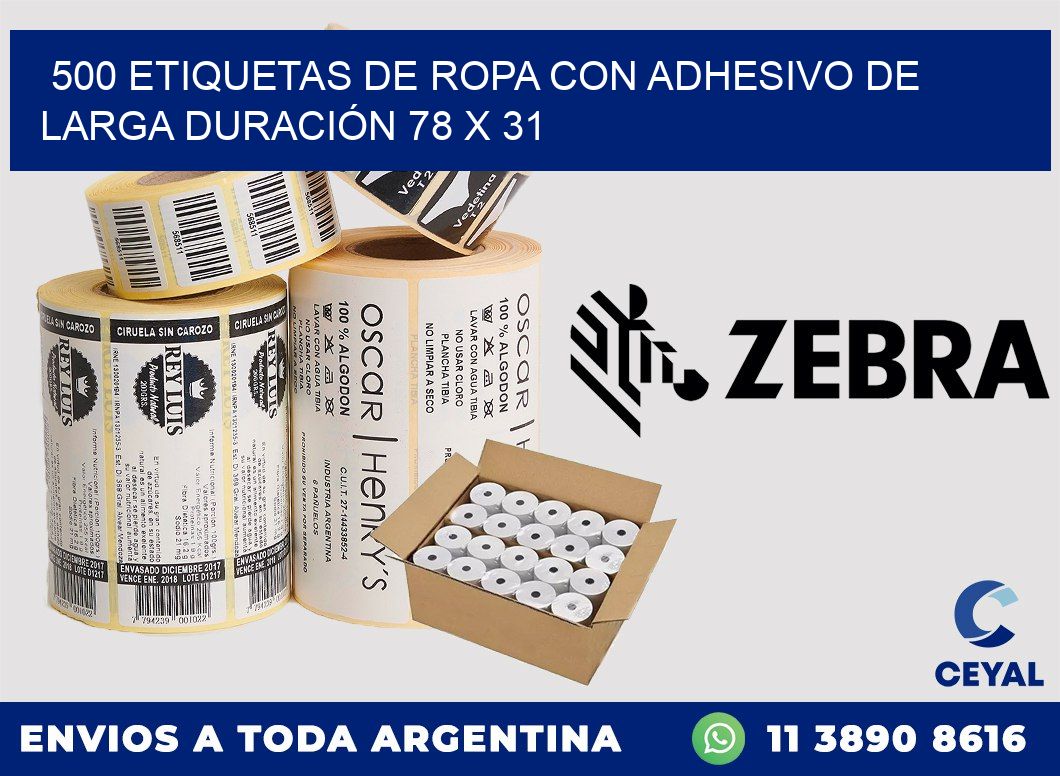 500 ETIQUETAS DE ROPA CON ADHESIVO DE LARGA DURACIÓN 78 x 31