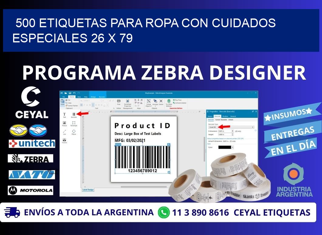 500 ETIQUETAS PARA ROPA CON CUIDADOS ESPECIALES 26 x 79