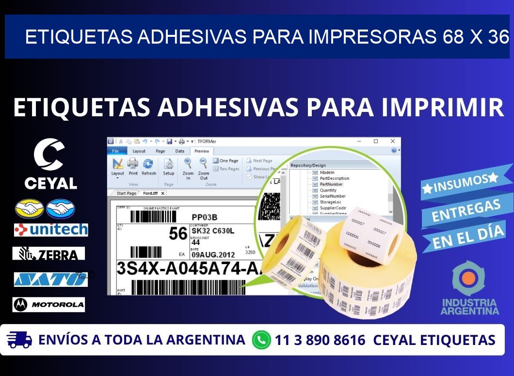 ETIQUETAS ADHESIVAS PARA IMPRESORAS 68 x 36