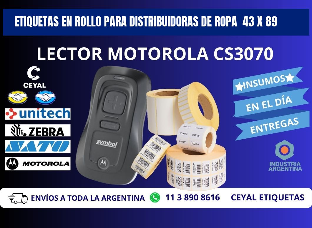 ETIQUETAS EN ROLLO PARA DISTRIBUIDORAS DE ROPA  43 x 89