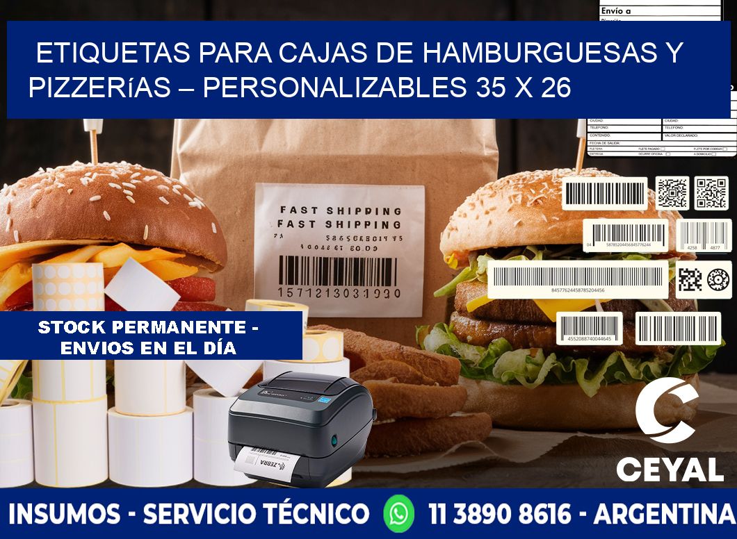 Etiquetas para cajas de hamburguesas y pizzerías – Personalizables 35 x 26