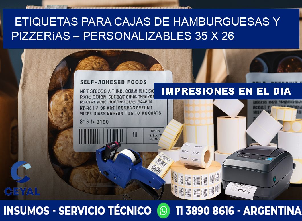 Etiquetas para cajas de hamburguesas y pizzerías – Personalizables 35 x 26