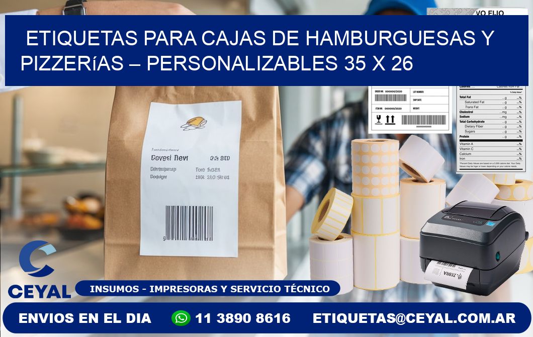 Etiquetas para cajas de hamburguesas y pizzerías – Personalizables 35 x 26