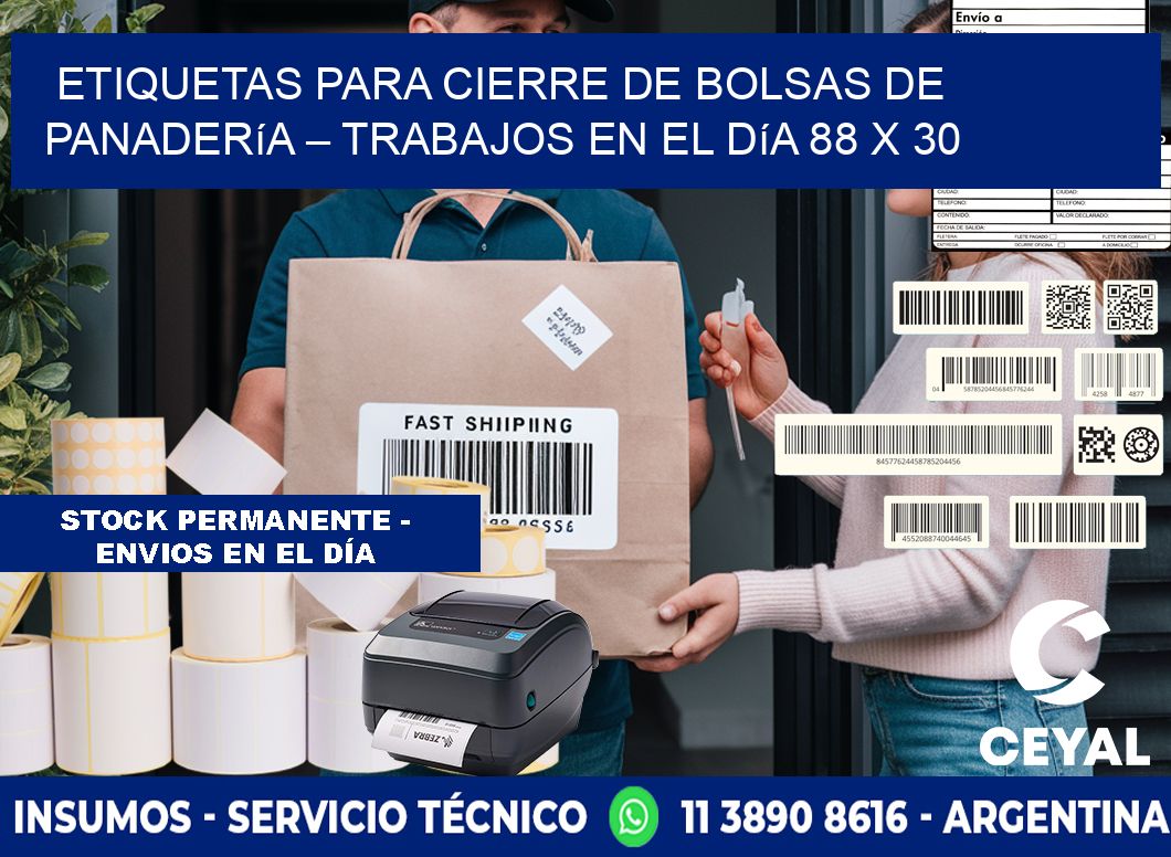 Etiquetas para cierre de bolsas de panadería – Trabajos en el día 88 x 30