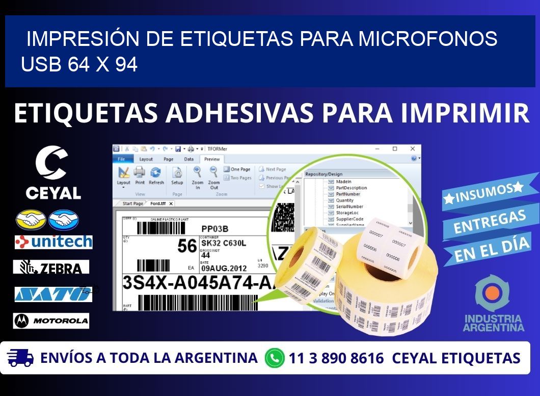 IMPRESIÓN DE ETIQUETAS PARA MICROFONOS USB 64 x 94