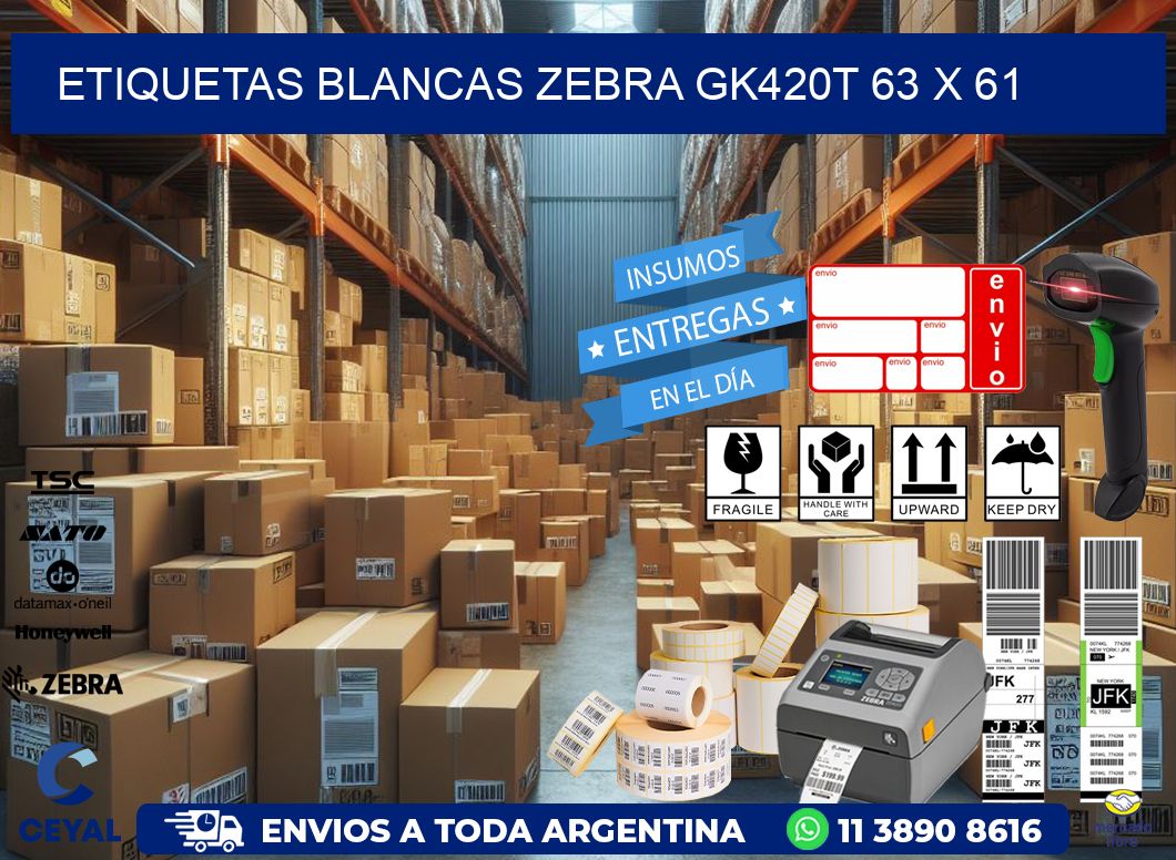 ETIQUETAS BLANCAS ZEBRA GK420T 63 x 61