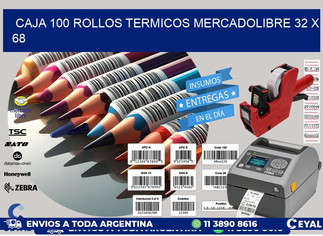 CAJA 100 ROLLOS TERMICOS MERCADOLIBRE 32 x 68