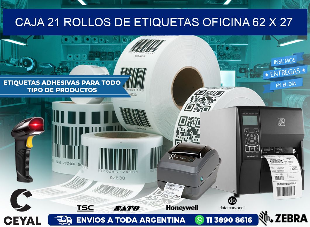 CAJA 21 ROLLOS DE ETIQUETAS OFICINA 62 x 27