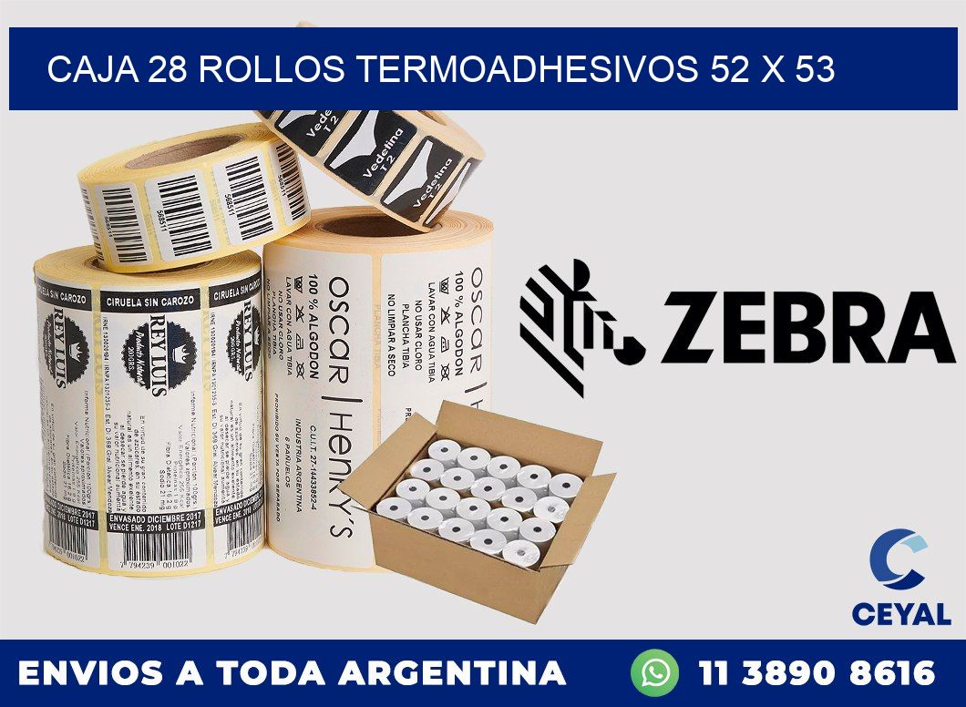 CAJA 28 ROLLOS TERMOADHESIVOS 52 x 53